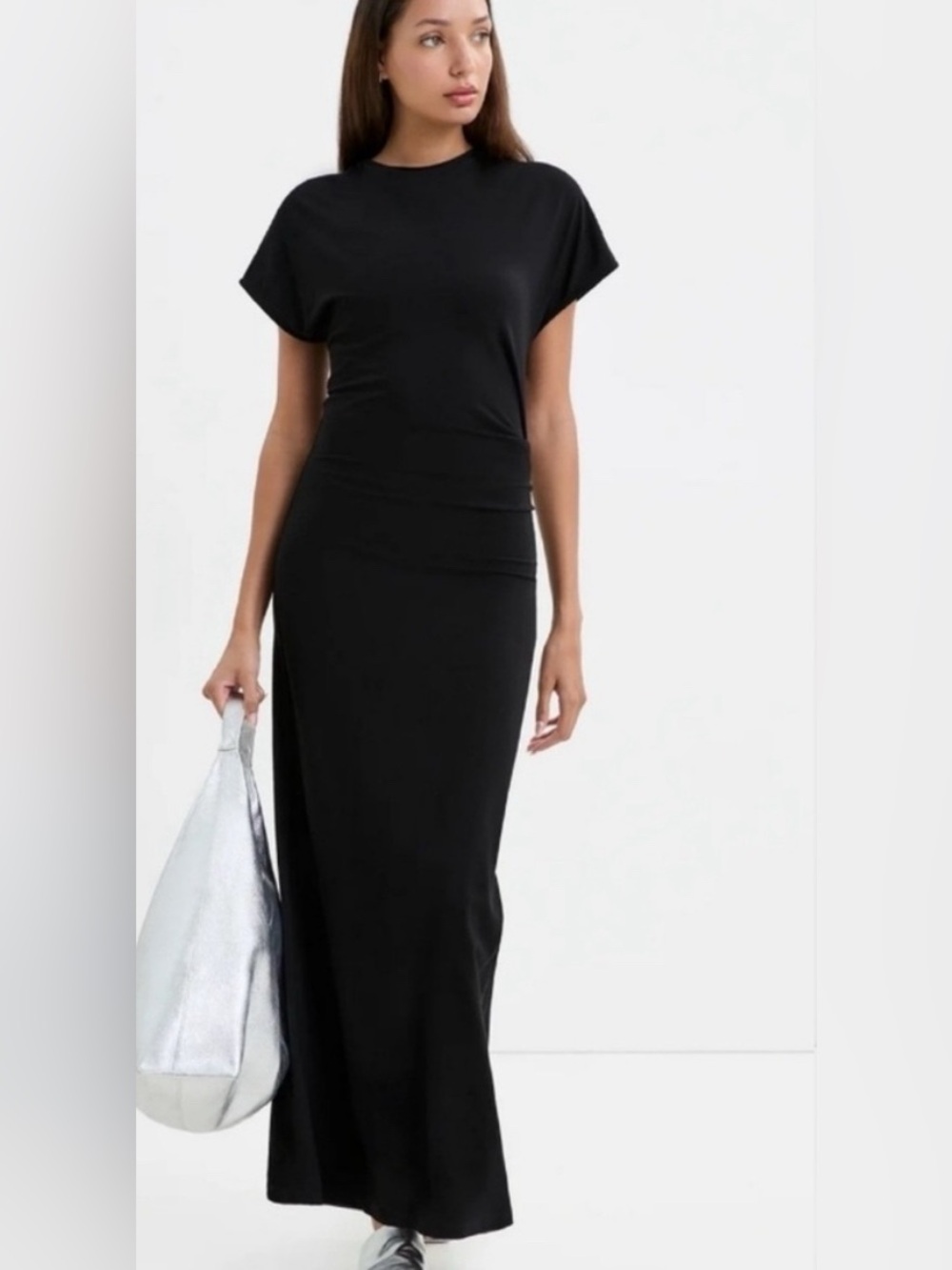 Zara Black Maxi Dress Ruched Side with Cap Sleeves